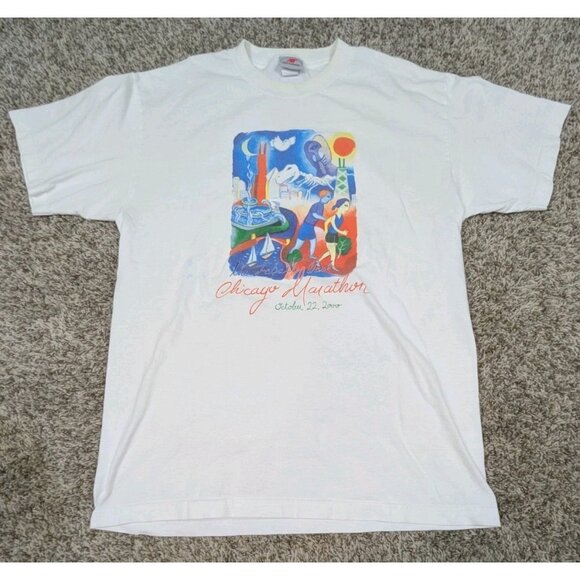 Vintage Y2K New Balance 2000 Chicago Marathon T-Shirt Mens Large White Tee - Picture 1 of 7